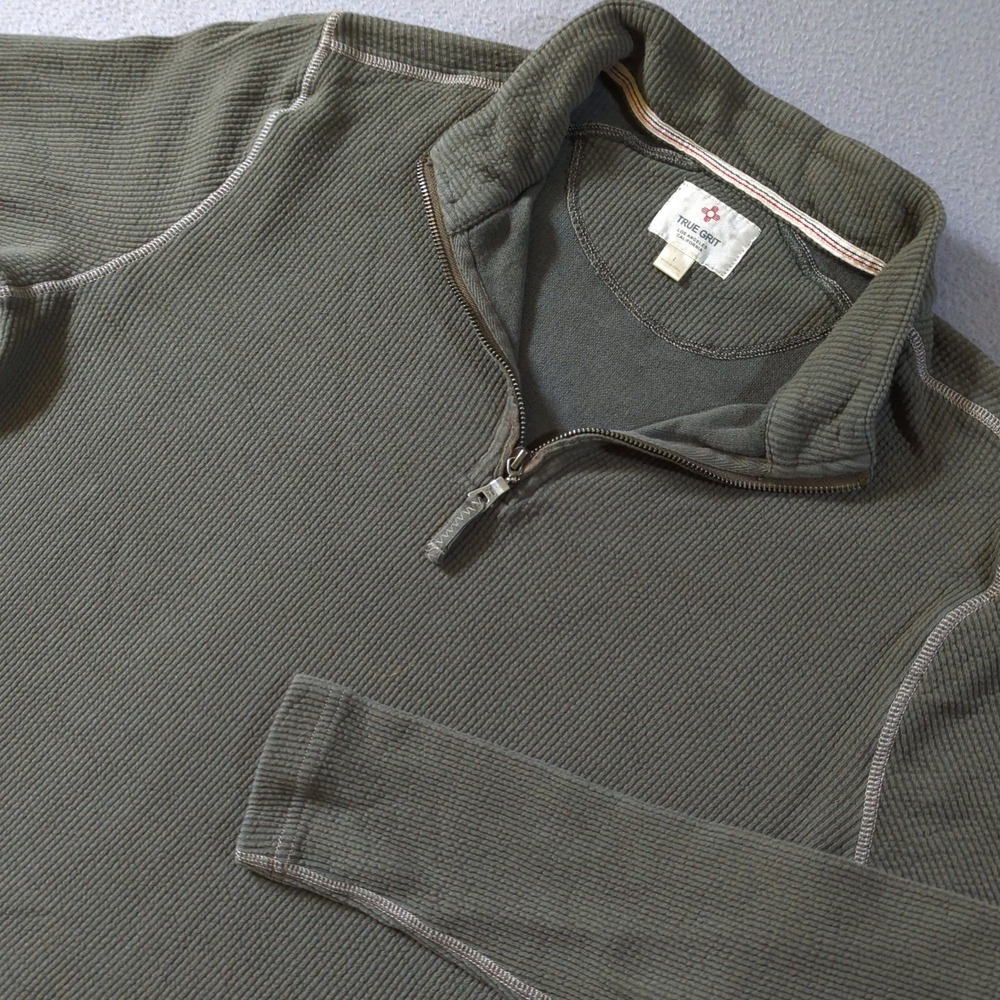 True Grit 1/4 Zip Pullover Mens Large Green Waffle Knit Cotton Blend Sweater